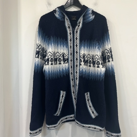 Alpaca Sweater Hoodie Cardigan Zipper Unisex Blue White Large - Picture 2 of 11